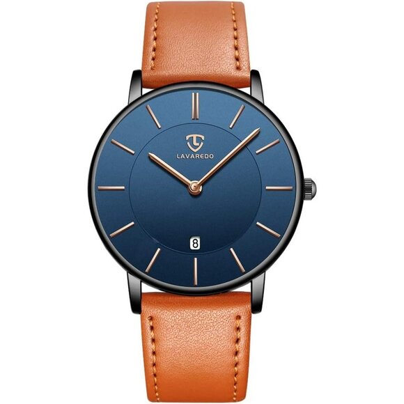 Mens Orange-Blue Leather Strap Analog Minimalist Simple Buckle Wrist Watch